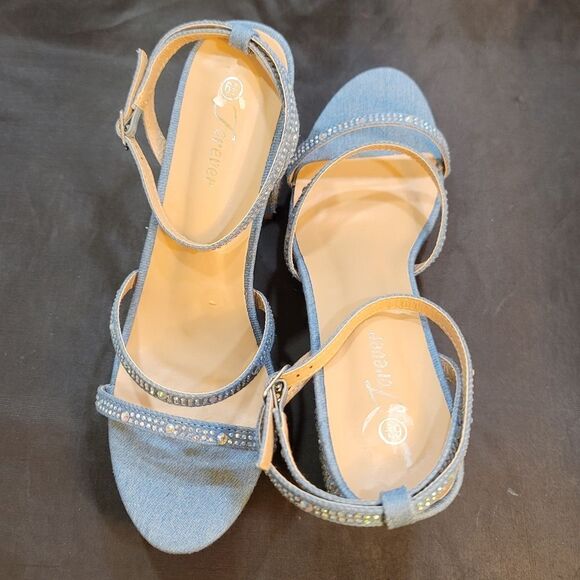 BRAND NEW FOREVER DENIN BLOCK HEEL VERSATILE STUDDED WITH PEARL SANDAL G1 - Picture 14 of 15
